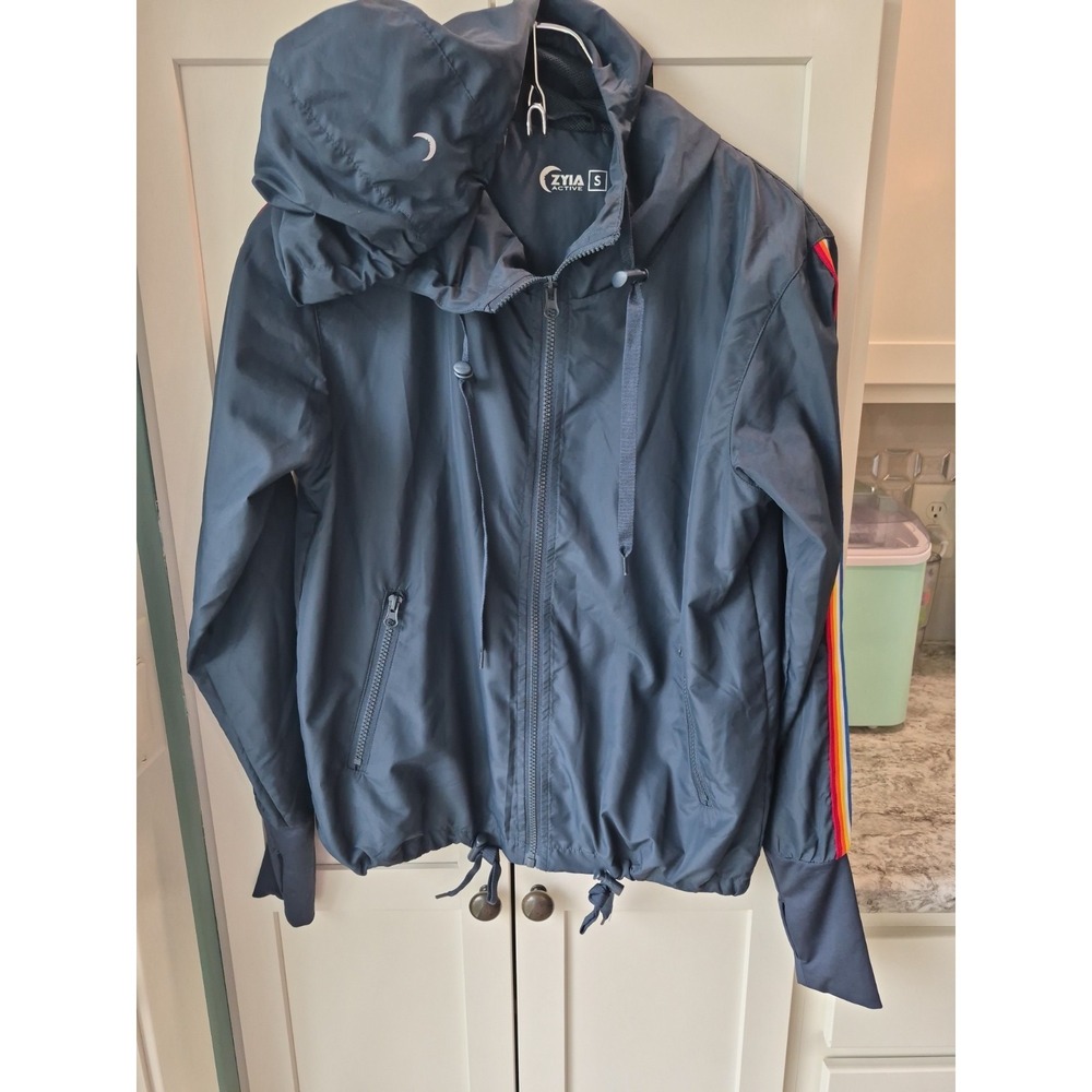 Zyia Active Jacket Womens Sz S Blue Hooded Lightweight Windbreaker Zip Pockets